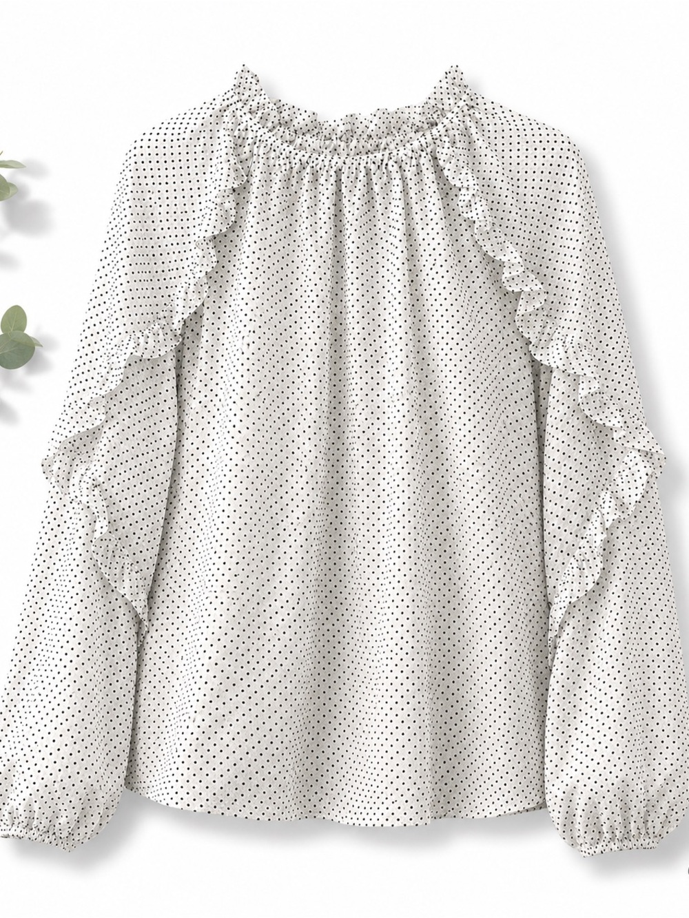 Black & White Sheer Swiss Dot Ruffle Blouse Boho Romantic Peasant Sleeve Top